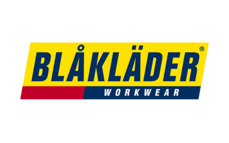 Logotyp som har gul bakgrund med en mörkblå text "blåkläder", under ett rött och blått streck med texten "workwear".